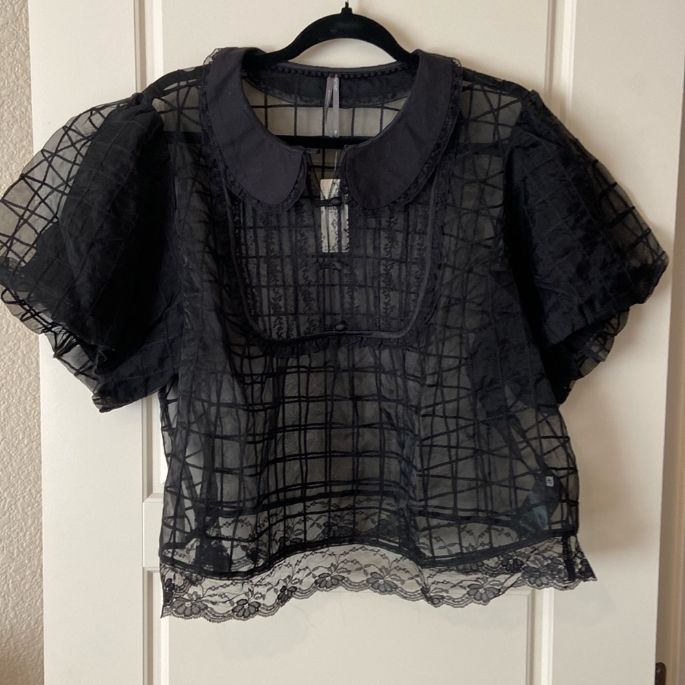 BY ANTHROPOLOGIE SHORT-SLEEVE SHEER PETER PAN-COLLARED BLOUSE